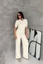 Women's Cream Knitwear Set Zippered Top High Waist Wide Leg Pants Bottom Top Set - 2
