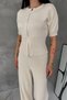 Women's Cream Knitwear Set Zippered Top High Waist Wide Leg Pants Bottom Top Set - 5