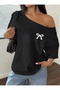 Small Ribbon Printed Oversized Women's Boat Neck T-Shirt