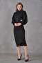 Shoulder Padded Wrap Cut Design Gold Accessoryed Midi Length Balloon Sleeve Black Evening Dress 77153 - 5