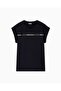 Women's Cotton Round Neck Logo Stripe Patterned Short Sleeve Black T-Shirt - 5