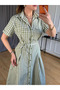 Green 100% Cotton Checkered Shirt Dress with Lace Detail - 8266 - 2
