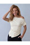 New Product Women's Cotton Fabric Gathered Detailed Asymmetrical Cut Off Shoulder Blouse - 2