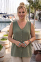 Khaki V-Neck Sleeveless Buttoned Casual Muslin Oversize Woven Blouse with Buttons on the Sides 68 60 - 2