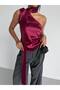 Women's Burgundy Belted One-Shoulder Satin Blouse