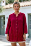 Dark Red Court Collar Buttoned 3/4 Sleeve Embroidered Slit Cotton Oversize Woven Shirt 73 60