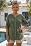 Khaki Hakim Collar Buttoned 3/4 Sleeve Embroidered Slit Casual Cotton Oversize Woven Shirt 73 60