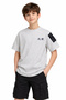 Boy's T-Shirt with Text on the Front, Snake Pattern on the Back, and Sleeve Pockets, Ecru Color, Short-Sleeved.
