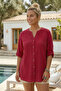 Dark Red Court Collar Buttoned 3/4 Sleeve Embroidered Slit Casual Cotton Woven Shirt 73 60 - 4