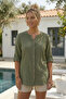 Khaki Hakim Collar Buttoned 3/4 Sleeve Embroidered Slit Casual Cotton Oversize Woven Shirt 73 60 - 5