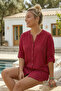 Dark Red Court Collar Buttoned 3/4 Sleeve Embroidered Slit Casual Cotton Woven Shirt 73 60 - 5
