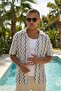 Indigo Zigzag Striped Men's Retro Patterned Ecru Short Sleeve Knitwear Shirt Ls-19218 - 3