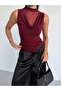 Women's Burgundy Tulle Draped Front Zero Sleeve High Neck Sandy Fabric Blouse