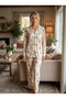 New Season Beige Summer Shirt Collar Long Sleeve Patterned Special Design Full Buttoned Pajama Set - 4