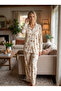 New Season Beige Summer Shirt Collar Long Sleeve Patterned Design Buttoned Pajama Set - 3