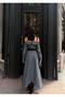 Women's Anthracite Plaid Decorated Asymmetrical Cut Boat Neck Long Sleeve Denim Detailed Midi Dress - 3