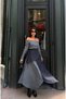 Women's Anthracite Plaid Decorated Asymmetrical Cut Boat Neck Long Sleeve Denim Detailed Midi Dress - 4