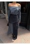 Women's Anthracite Plaid Decorated Asymmetrical Cut Boat Neck Long Sleeve Denim Detailed Midi Dress - 5
