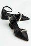 Women's Black Semi-Closed Ankle Strap Ribbon and Stone Low Heel Stiletto Shoes
