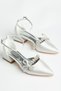 Women's Silver Semi-Closed Ankle Strap Ribbon and Stone Low Heel Stiletto Shoes - 2