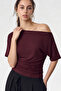 Burgundy Asymmetrical Gathered Waist Fitted 97% Cotton Short Sleeve Blouse - 2