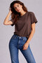 Bauta Regular Molded Crew Neck Low Sleeve Oval Hem and Sleeve Laser Cut Women's Blouse Top -Coffee