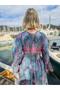 Turquoise Color Madonna Collar Gold Detailed Long Sleeve Silk Dress - 5