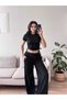 Women's Black Crew Neck Blouse with Drawstring Detail & Wide Leg Pants with Ruffle Detail Gagari Set
