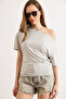 Women's Gray White Drape Detailed Striped Viscose Blouse Blz-19003290 - 2