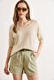 Women's Stone V-Neck Mercerized Bat Draped Knitwear Blouse Blz-19003210 - 2