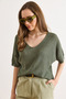 Women's Green V-Neck Mercerized Bat Draped Knitwear Blouse Blz-19003210 - 2