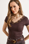 Women's Brown Collared Lace Flexible Viscose Ribbed Blouse Blz-19003287 - 5