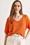 Women's Orange V-Neck Mercerized Bat Draped Knitwear Blouse Blz-19003210