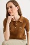 Women's Tobacco Bow Embroidered Polo Collar Hair Knit Seasonal Knitwear Blouse Blz-19003222 - 3