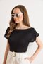 Women's Black Blouse with Draped Shoulders and Transparent Detail on the Back Blz-19003298 - 2