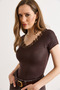 Women's Brown Collared Lace Flexible Viscose Ribbed Blouse Blz-19003287 - 3