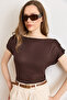 Women's Brown Blouse with Draped Shoulder Detail and Transparent Back Blz-19003298 - 2