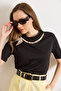 Women's Black Scarf Chain Decorated Buckle Cotton Blouse Blz-19003286 - 4