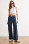 Women's Navy Blue Belted Washed Wide Leg Gabardine Trousers Pnt-19000396 - 3
