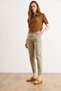 Women's Khaki Belted Pocketed Cotton Carrot Pants with Elastic Waist at the Back Pnt-19000401 - 5