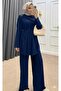 Navy Blue Aerobin Fabric Bottom-Top Set Women's Shawl Collar Relaxed Cut High Waist Pants Stylish Combination - 2