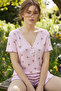 Salmon Patterned Lace-Trimmed Crinkled Short-Sleeved Shorts Pajama Set 26120227