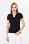 Women's Black Polo Collar Ribbed Casual Blouse - H6038