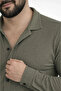 Men's Waffle Fabric Long Sleeve Buttoned Open Collar Regular Fit Shirt - Khaki - 2