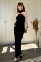 Elegant Midi Dress with Neck Accessory, High Collar, and Slit at the Back - 5