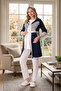 Yenisezon Navy Blue Ecru Summer Polka Dot Buttoned Short Sleeve Lace Maternity Dressing Gown Pajama Set - 4