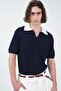 Contrast Collar Navy Blue Tricot Shirt