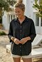 Black Shirt Collar 3/4 Sleeve Buttoned Pocketless Washable 100% Linen Oversize Woven Shirt 75 63 - 6