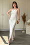 Halter Neck White Dress with Back Detail, Slit and Draped Design - 2