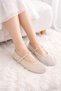 Melinta Beige Mesh Buckle Detailed Belted Women's Ballerina Shoes - 4